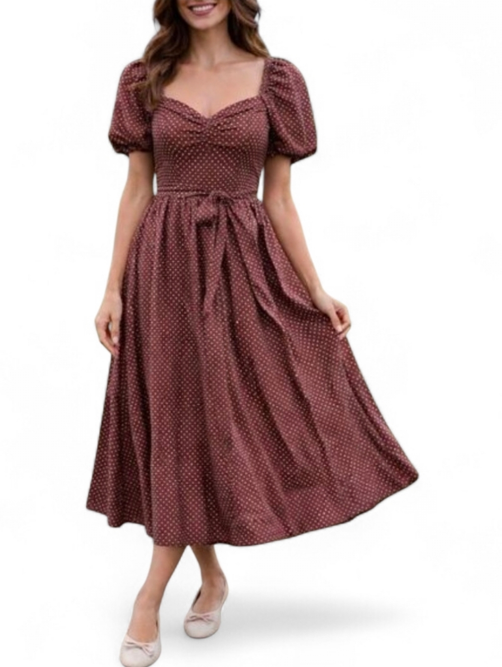 FAITHFULL THE BRAND X ANTHROPOLOGIE Charlize Brown Bonnie Dot Midi Dress - Large